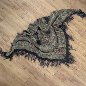 Silk Wool Floral Fringe Wrap Shawl Scarf Made in Italy